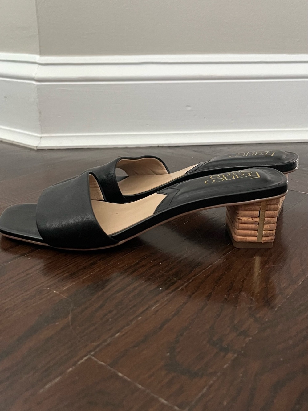 Franco Sarto Black Leather Slide Sandals with Cork Block Heel and Gold Trim